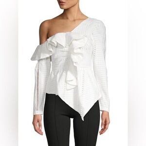 Anthropologie Lea & Viola Black One Shoulder Eyelet Ruffle Blouse Size Small